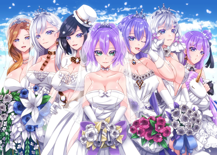 6+girls alternate_breast_size ark_royal_(azur_lane) ark_royal_(pure-white_protector)_(azur_lane) asymmetrical_hair azur_lane belfast_(azur_lane) belfast_(the_pledge_of_claddagh)_(azur_lane) black_hair blue_eyes blue_flower blue_gemstone blue_rose blue_sky bouquet bow breasts bridal_veil bride center_opening chain choker cleavage commentary_request covered_nipples cutout_above_navel detached_collar dress earrings flower frilled_choker frills fuyuki_jun gem gloves gold_chain green_eyes gun hair_bun hair_over_shoulder hair_ribbon halter_dress halterneck harem hat highres holding holding_bouquet hood_(azur_lane) hood_(rosey_love_poem)_(azur_lane) huge_breasts illustrious_(azur_lane) illustrious_(morning_star_of_love_and_hope)_(azur_lane) javelin_(azur_lane) javelin_(blissful_purity)_(azur_lane) jewelry lace-trimmed_dress lace_trim large_breasts long_dress long_hair mini_hat mini_top_hat multiple_girls necklace official_alternate_costume one_eye_closed open_mouth orange_hair outdoors pearl_necklace purple_bow purple_eyes purple_flower purple_hair red_flower red_rose ribbon rodney_(azur_lane) rodney_(palace_of_blessings)_(azur_lane) rose shiny shiny_skin single_hair_bun single_side_bun sky star_(symbol) star_earrings strapless strapless_dress stuffed_unicorn stuffed_winged_unicorn teeth tiara tilted_headwear top_hat tri_tails unicorn_(a_dream_of_pure_vows)_(azur_lane) unicorn_(azur_lane) v_arms veil very_long_hair weapon wedding_dress white_choker white_dress white_flower white_gloves white_ribbon white_rose wide_ponytail