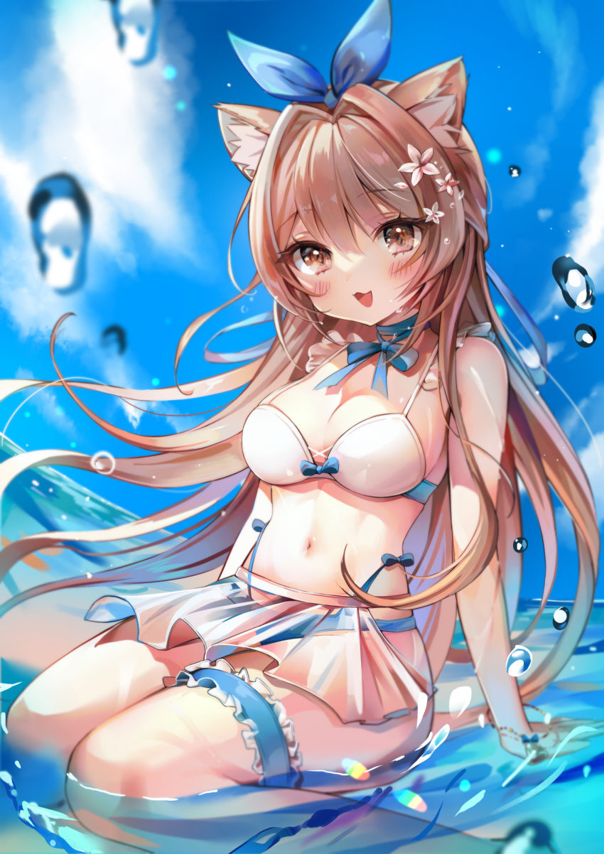 1girl animal_ears babupipi bare_arms bare_shoulders bikini bikini_skirt blue_bikini blue_choker breasts brown_eyes brown_hair choker cleavage day frilled_bikini frills hair_ribbon highleg highleg_bikini highres hip_vent indie_virtual_youtuber large_breasts long_hair looking_at_viewer luna_nyann midriff mismatched_bikini navel open_mouth outdoors ribbon ribbon_choker see-through smile solo stomach string_bikini swimsuit thigh_strap thighs very_long_hair virtual_youtuber water wet white_bikini