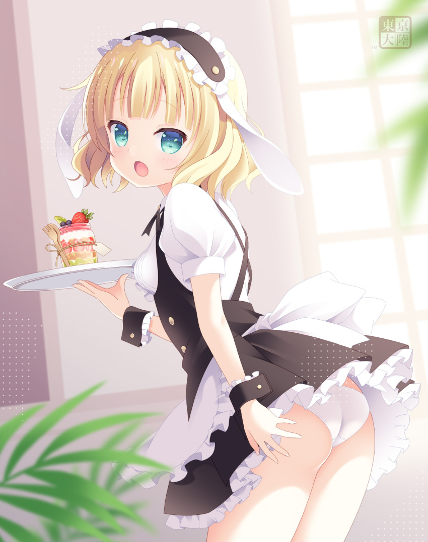 1girl animal_ears apron aqua_eyes bangs black_hairband blonde_hair blunt_bangs cowboy_shot fake_animal_ears fleur_de_lapin_uniform floppy_ears frilled_apron frilled_cuffs frilled_hairband frilled_shirt frills gochuumon_wa_usagi_desu_ka? hairband highres kirima_syaro kurasawa_kyoushou lolita_hairband open_mouth panties shirt short_hair solo underbust underwear waist_apron waitress wavy_hair white_apron white_panties