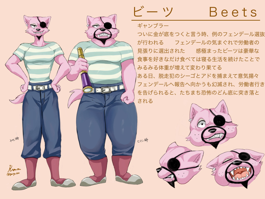 anthro beard beets beets_(ryuto) black_beard clothed clothing ear_piercing eye_patch eyewear facial_hair felid feline fully_clothed fur garyu_ryuto hi_res japanese_text male mammal model_sheet piercing pink_body pink_fur slightly_chubby solo text translation_request weight_gain
