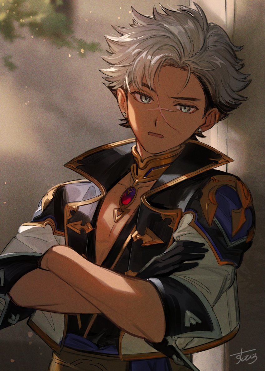 1boy against_wall black_gloves black_hair blue_eyes commentary crossed_arms dappled_sunlight earrings gloves highres hirosdesu jewelry looking_at_viewer male_focus multicolored_hair necklace open_mouth original puffy_pants scar scar_on_face solo sunlight symbol-only_commentary