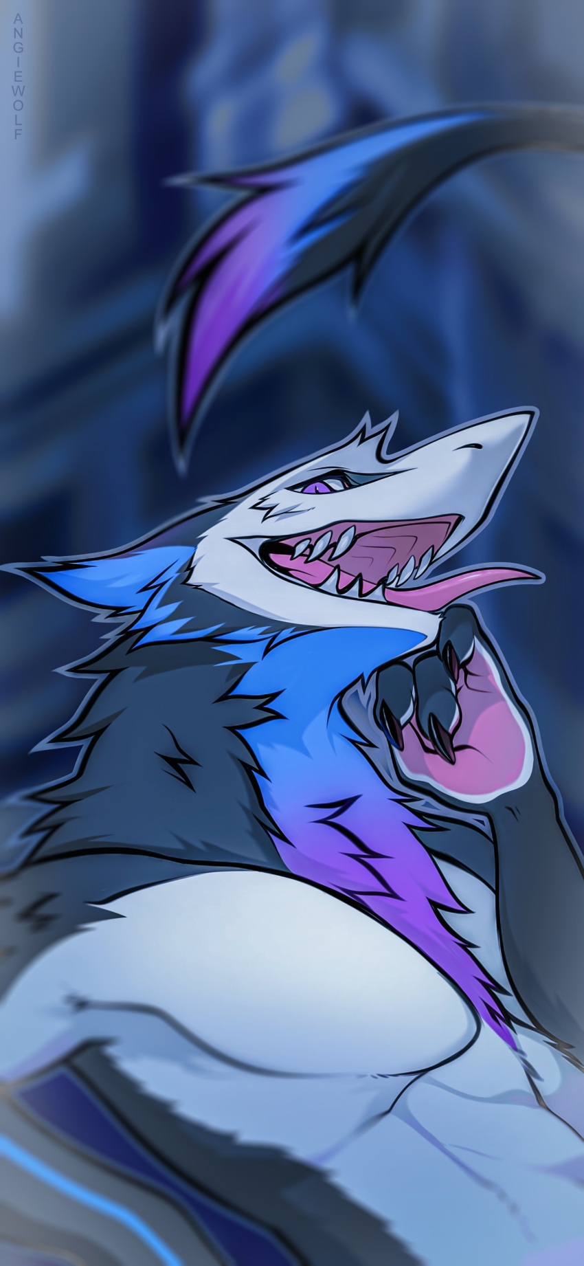 2022 3_fingers absurd_res angiewolf anthro blurred_background building clothed clothing fingers fur furred_shark hi_res male multicolored_body multicolored_fur purple_eyes sharp_teeth solo teeth topless topless_male