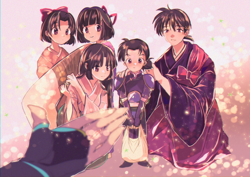3boys 3girls armor bag bangs blunt_bangs blurry blurry_foreground bob_cut bow breasts brown_eyes family father_and_daughter father_and_son female_child gloves gyokuto_(inuyasha) hair_bow highres hiraikotsu hisui_(inuyasha) holding holding_bag inuyasha japanese_clothes kin'u_(inuyasha) kneeling kohaku_(inuyasha) low_ponytail makochan male_child medium_breasts miroku_(inuyasha) mother_and_daughter mother_and_son multiple_boys multiple_girls outstretched_arm parent_and_child parted_bangs partially_fingerless_gloves sango short_hair short_ponytail shoulder_armor siblings sisters smile v_arms
