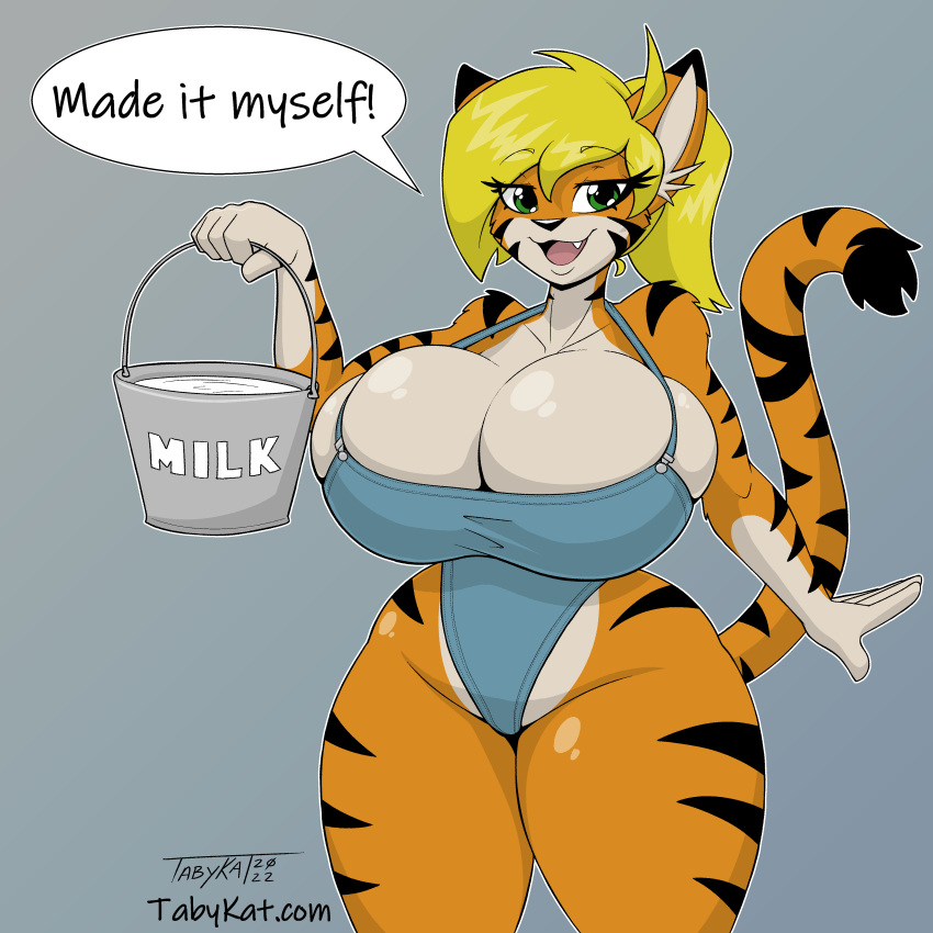 absurd_res anthro big_breasts breasts bucket container dialogue felid female hair hi_res huge_breasts mammal milk pantherine solo tabykat tabytha_starling tagme tiger