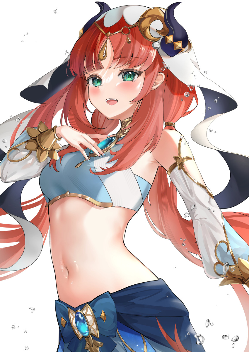 1girl :d absurdres bangs bare_shoulders blue_skirt blush breasts brooch commentary_request crop_top detached_sleeves genshin_impact green_eyes highres horns jewelry long_hair long_sleeves medium_breasts midriff navel nilou_(genshin_impact) open_mouth red_hair shancha simple_background skirt smile solo stomach upper_body veil very_long_hair white_background