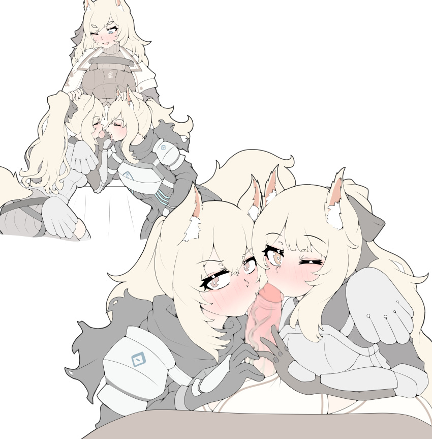 3girls absurdres animal_ear_fluff animal_ears arknights armor aunt_and_niece blemishine_(arknights) blonde_hair blue_eyes breasts brown_eyes censored cooperative_fellatio erection fellatio fff_threesome futa_with_female futanari futanari_pov group_sex heart heart-shaped_pupils highres horse_ears horse_girl horse_tail incest licking licking_penis long_hair mosaic_censoring multiple_girls nearl_(arknights) one_eye_closed oral penis physisyoon ponytail pov shimaidon_(sex) siblings simple_background sisters symbol-shaped_pupils tail threesome tongue tongue_out veins veiny_penis whislash_(arknights) white_background