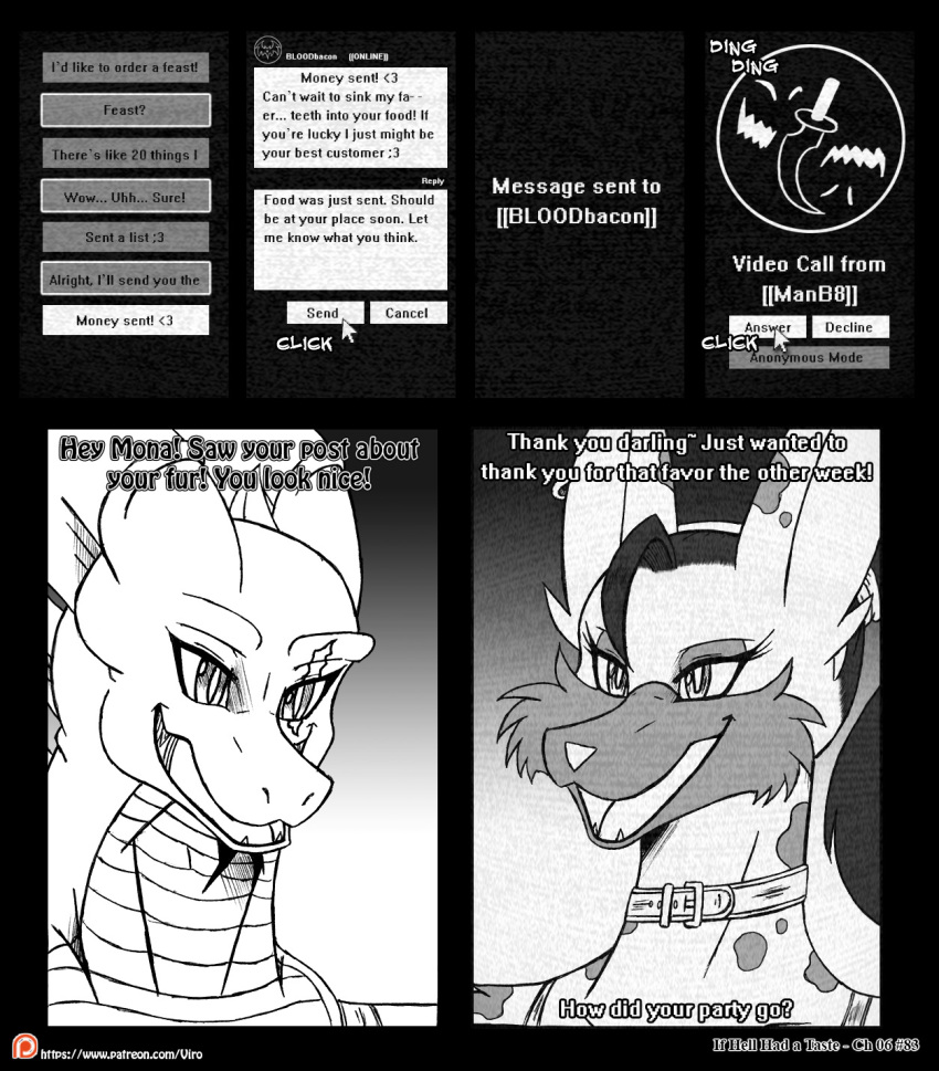 2018 anthro canid canine canis chat_box clothing collar comic computer_screen duo ear_piercing ear_ring english_text female fur giraffe giraffid hair hi_res horn hybrid icon if_hell_had_a_taste jackal male mammal message mona_l'arc monochrome open_mouth piercing ponytail ring_piercing scales scar shirt skylar_fidchell sound_effects spots spotted_body spotted_fur text topwear viroveteruscy