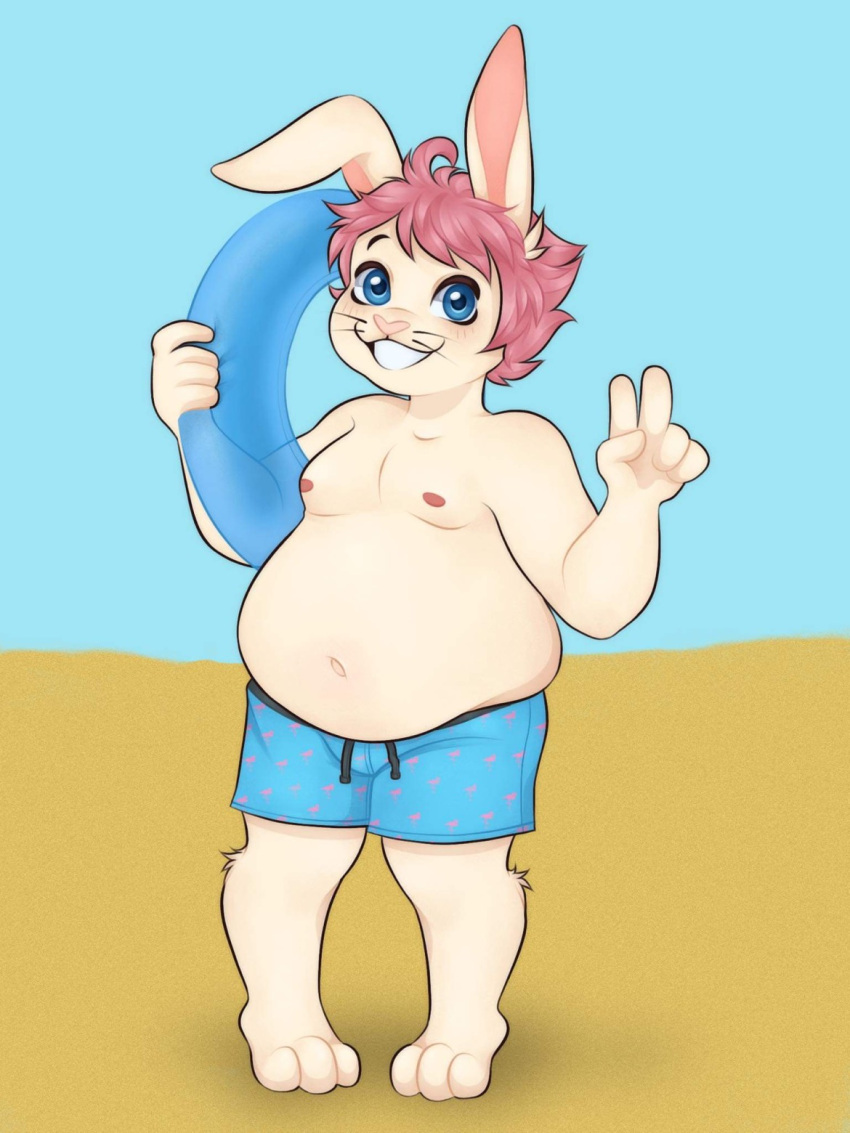 ahoge anthro beach belly clothing floatie floppy_ears hair hare hi_res joshie_(calahootheyeen) lagomorph leporid male mammal moobs nipples overweight overweight_male patterned_clothing pink_hair rabbit sand seaside slightly_chubby smile solo swimming_trunks swimwear vicky_art whiskers
