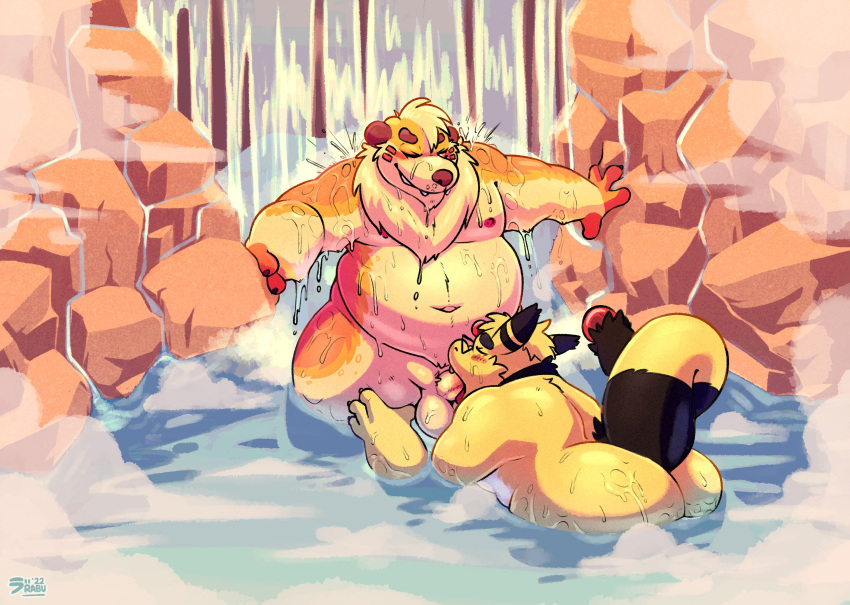 alleros_(howlingampharos) ampharos anthro big_butt butt canid canine canis chubby_anthro detailed_background domestic_dog duo hi_res leg_grab male male/male mammal nintendo oral partially_submerged pok&eacute;mon pok&eacute;mon_(species) raburigaron steam thigh_grab video_games waterfall waterfall_shower zesty_(zestibone)