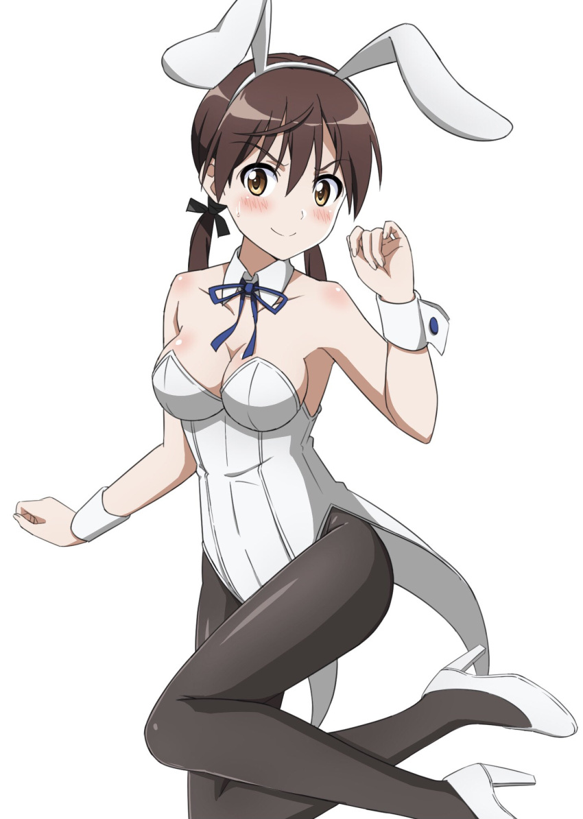 1girl animal_ears black_pantyhose blush breasts brown_eyes brown_hair cleavage closed_mouth collarbone fake_animal_ears full_body gertrud_barkhorn hair_ribbon high_heels highres kanata_mako large_breasts leotard looking_at_viewer nervous_smile pantyhose playboy_bunny rabbit_ears ribbon shiny shiny_hair shiny_skin simple_background solo strike_witches twintails white_background white_leotard world_witches_series