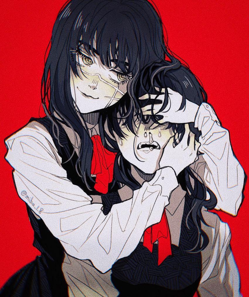 &gt;:) 2girls :3 bangs black_dress black_hair chainsaw_man collared_shirt commentary covered_eyes dress dual_persona facing_viewer film_grain hands_on_another's_face heads_together highres limited_palette long_sleeves looking_at_another low_twintails medium_hair miba mitaka_asa multiple_girls neck_ribbon open_mouth pinafore_dress red_background ribbon ringed_eyes scar scar_on_cheek scar_on_face school_uniform shirt simple_background smile snot tears twintails twitter_username upper_body v-shaped_eyebrows war_devil_(chainsaw_man) white_shirt yellow_eyes
