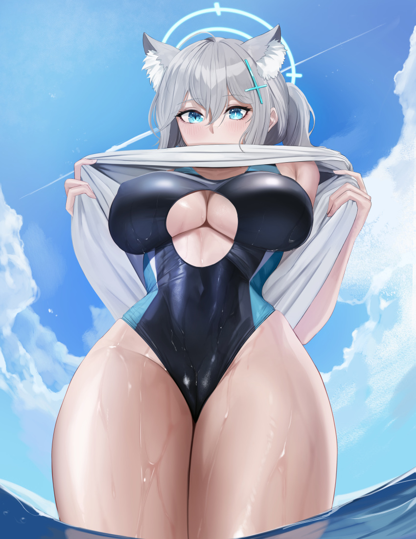 1girl absurdres animal_ear_fluff animal_ears bangs blue_archive blue_eyes blue_sky blue_swimsuit blush breasts cleavage clothes_lift competition_swimsuit covered_navel cross_hair_ornament english_commentary extra_ears feet_out_of_frame from_below gcg grey_hair hair_ornament hairclip halo highres large_breasts long_hair looking_at_viewer mismatched_pupils multicolored_clothes multicolored_swimsuit ocean official_alternate_costume on_water one-piece_swimsuit shiroko_(blue_archive) shiroko_(swimsuit)_(blue_archive) shirt shirt_lift sky solo standing summer swimsuit thighs underboob water wet wet_clothes wet_swimsuit white_shirt wolf_ears