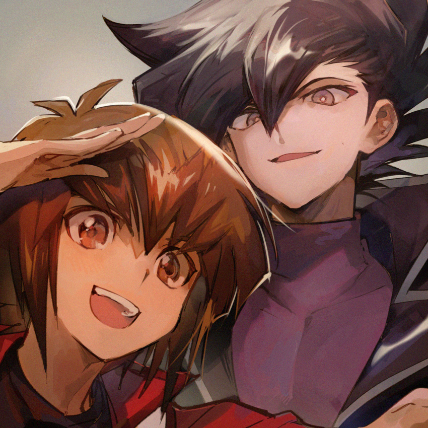 2boys :d aoki_(fumomo) arm_up bangs black_hair black_jacket black_shirt brown_eyes brown_hair grey_background grey_eyes hair_between_eyes highres jacket looking_at_viewer male_focus manjoume_jun medium_hair multiple_boys open_mouth purple_shirt red_jacket shiny shiny_hair shirt smile straight_hair turtleneck yu-gi-oh! yu-gi-oh!_gx yuuki_juudai