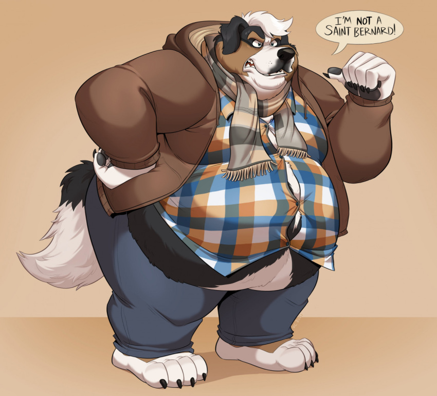 annoyed anthro belly bernese_mountain_dog big_belly black_body black_fur brown_body brown_fur canid canine canis chubby_cheeks claws clothed clothing dialogue domestic_dog double_chin english_text fur gesture hand_on_hip male mammal molosser moobs mountain_dog obese obese_anthro obese_male overweight overweight_anthro overweight_male pointing pointing_at_self polartoons sam_(thesammon) solo speech_bubble standing straining_buttons swiss_mountain_dog teeth text thick_thighs tight_clothing toe_claws white_body white_fur