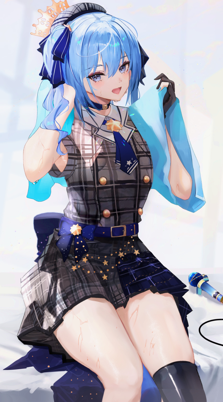 1girl :d absurdres bangs beret black_gloves black_thighhighs blue_choker blue_eyes blue_hair blue_ribbon blush choker dress feet_out_of_frame gloves grey_dress grey_headwear hair_between_eyes hair_ribbon hat highres holding holding_towel hololive hoshimachi_suisei looking_at_viewer microphone one_side_up panipo partially_fingerless_gloves plaid plaid_dress plaid_headwear ribbon short_sleeves single_glove single_thighhigh sitting smile solo thighhighs towel virtual_youtuber wet