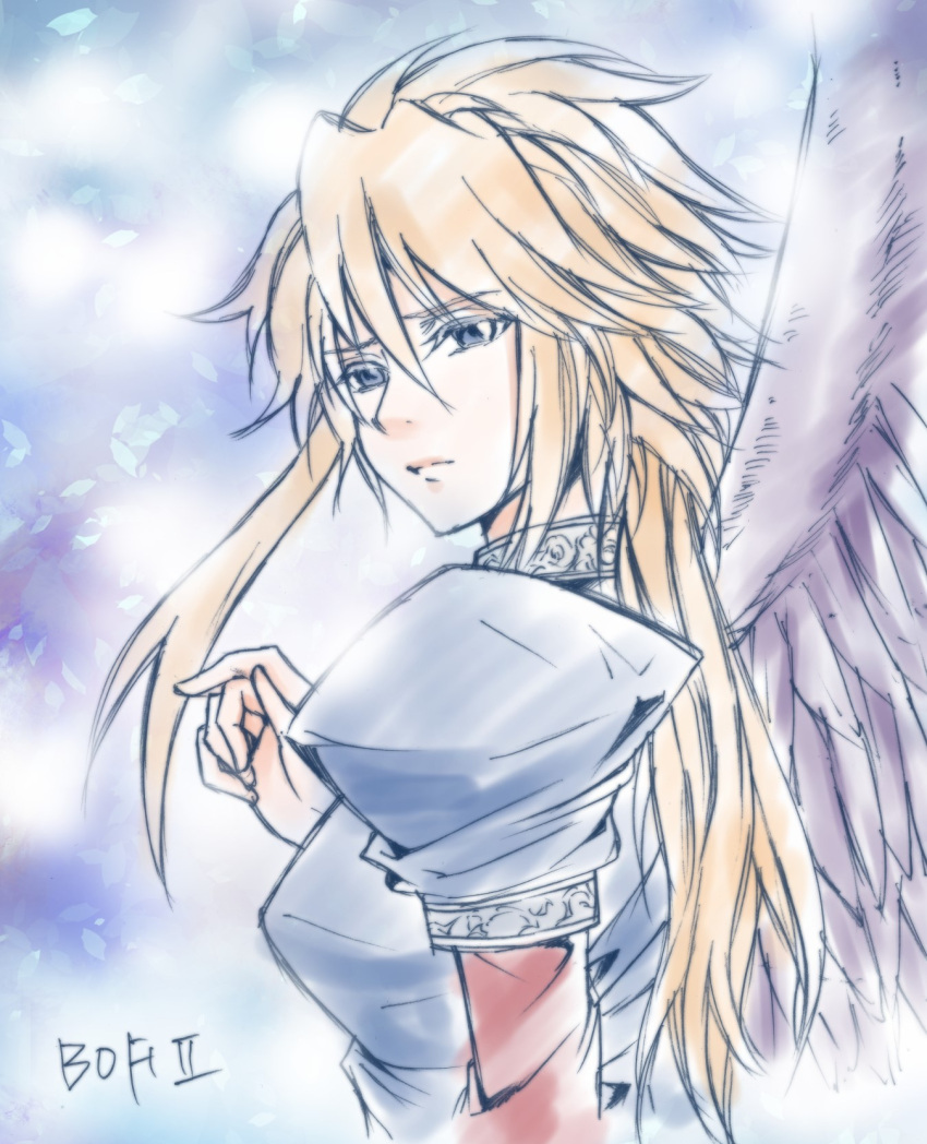 1girl angel_wings black_wings blonde_hair blue_dress breath_of_fire breath_of_fire_ii closed_mouth dress feathered_wings from_side highres long_hair looking_at_viewer nina_(breath_of_fire_ii) puffy_sleeves purple_wings wings