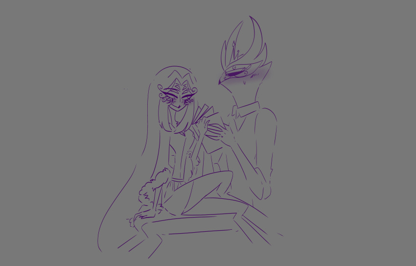 absurd_res anthro avian bird black_eyes blush book crown duo eye_contact female grey_background hair helluva_boss hi_res long_hair looking_at_another male on_top outline owl owl_demon paimon_(helluva_boss) purple_outline reading simple_background sitting teathekook white_eyes