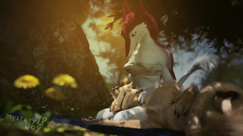 16:9 3d_(artwork) anthro blender_(software) breasts caressing caressing_head clothed clothing digital_media_(artwork) duo felix_(mysteryboy18) female flower fluffy fluffy_tail forest fur hair hi_res looking_at_another looking_at_partner male male/female mysteryboy18 nature outside peaceful plant sergal sleeping smile solana_(mysteryboy18) topwear tree white_body white_fur widescreen