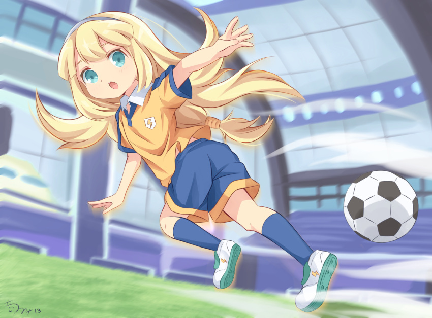 1girl ball blonde_hair blue_eyes commentary cs4126 full_body grass hairband highres inazuma_eleven_(series) inazuma_eleven_go long_hair nanobana_kinako nanobana_kinako_(mixi_max_master_dragon) open_mouth raimon raimon_soccer_uniform short_sleeves shorts signature soccer_ball soccer_uniform solo sportswear stadium