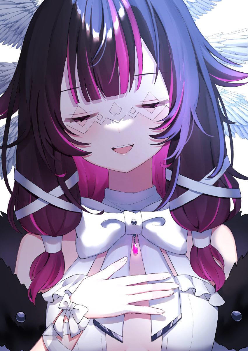1girl absurdres angel_wings bangs bare_shoulders blunt_bangs bow closed_eyes columbina_(genshin_impact) eye_mask frills fur_trim genshin_impact hair_ornament hand_on_own_chest highres mochi_mochi052 multicolored_hair open_mouth pink_hair sidelocks smile solo two-tone_hair upper_body white_bow wings x_hair_ornament