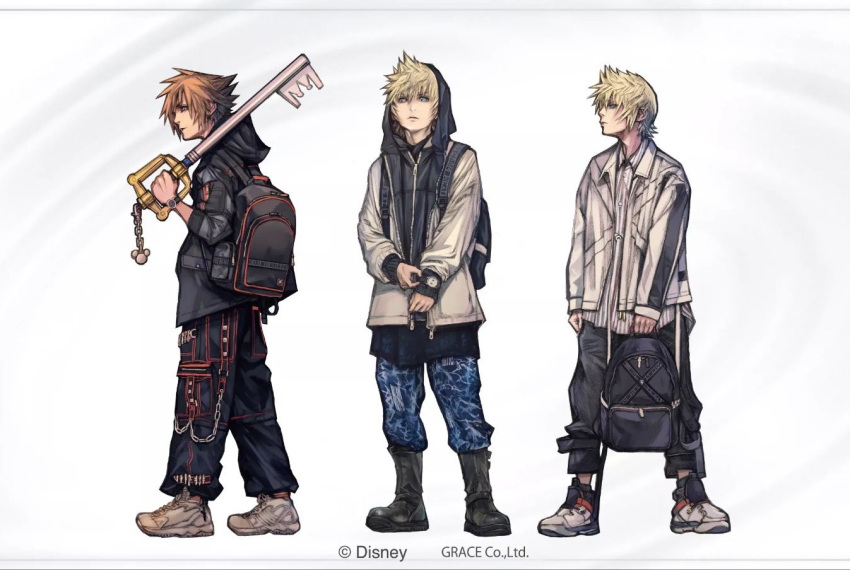3boys alternate_costume bag blonde_hair boots brown_hair chain copyright fashion holding holding_bag hood hood_up hoodie jacket keyblade kingdom_hearts kingdom_key looking_at_viewer multiple_boys nomura_tetsuya official_art over_shoulder roxas shoes sneakers sora_(kingdom_hearts) spiked_hair standing third-party_source ventus_(kingdom_hearts) weapon weapon_over_shoulder