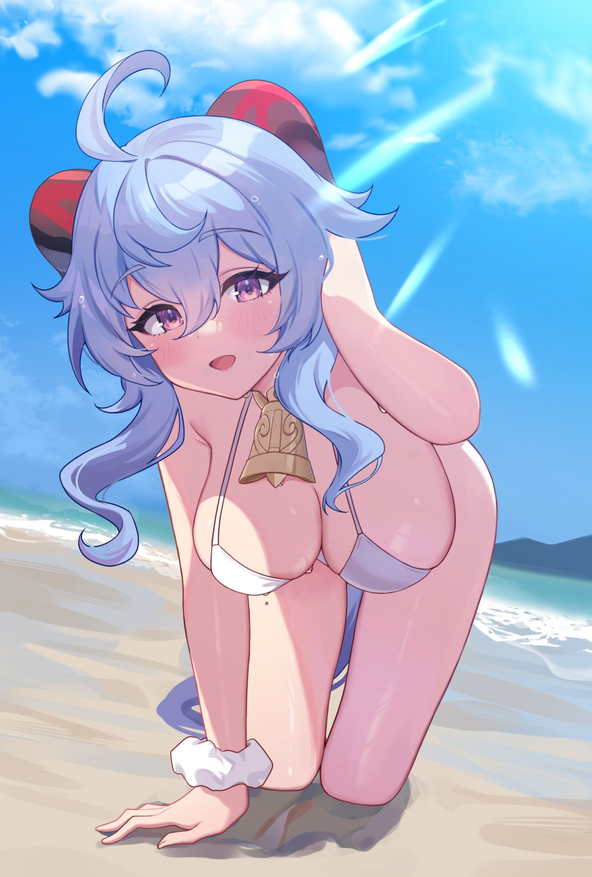 1girl :d ahoge all_fours bare_arms bare_shoulders beach bell bikini blue_hair breasts cleavage cowbell day ganyu_(genshin_impact) genshin_impact goat_horns halterneck highres horns large_breasts long_hair looking_at_viewer mole mole_on_thigh open_mouth outdoors pn_(wnsl216) purple_eyes scrunchie skindentation smile solo string_bikini sunlight swimsuit thighs wet white_bikini wrist_scrunchie