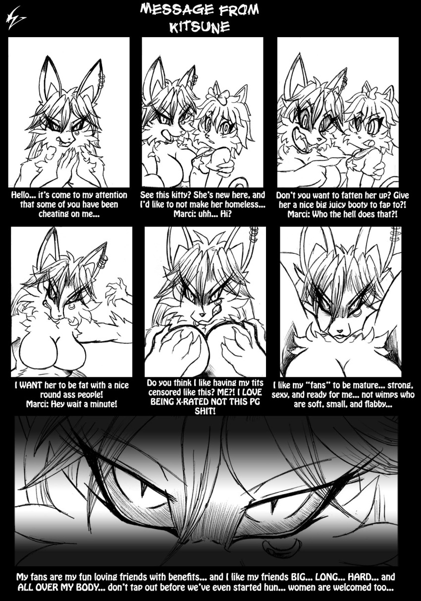 2015 accessory anthro big_breasts black_and_white bow_ribbon breasts canid canine clothing comic crossover domestic_cat duo ear_piercing ear_ring english_text featureless_breasts felid feline felis female fox hair hair_accessory hair_bow hair_ribbon hand_on_breast hi_res if_hell_had_a_taste kitsune_urufu mammal marci_hetson monochrome open_mouth piercing profanity ribbons ring_piercing shirt text topwear viroveteruscy world_gates