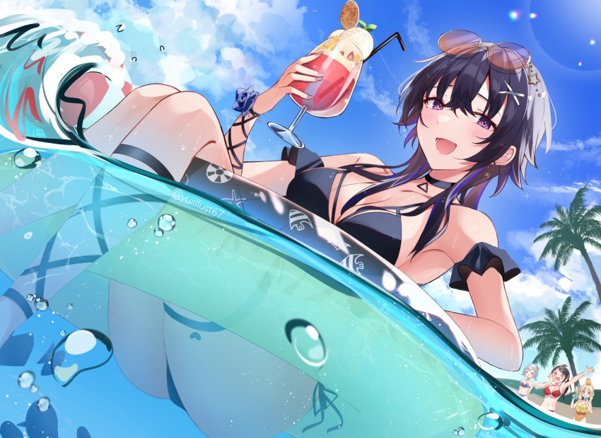 4girls :d animal_on_head ass bangs bikini bird bird_on_head black_bikini black_hair blue_sky blush_stickers breasts bubble cleavage closed_eyes closed_mouth cloud commentary_request crossed_bangs cup day drinking_straw eating floating food hair_ornament highres hikari_yui holding holding_cup holding_food holding_water_gun ice_cream ichinose_uruha innertube large_breasts long_hair looking_at_viewer multiple_girls on_head one-piece_swimsuit open_mouth orange_swimsuit outdoors palm_tree ponytail popsicle purple_bikini purple_eyes red_bikini short_hair side-tie_bikini sitting sky smile solo_focus standing swimsuit thigh_strap tree twintails virtual_youtuber vspo! water_drop water_gun waving x_hair_ornament