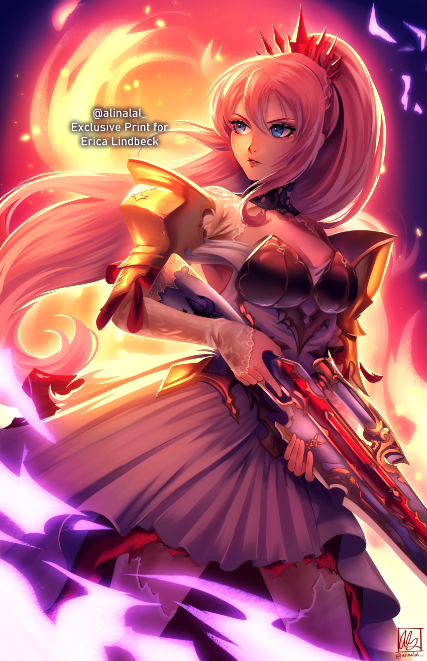 1girl absurdres alina_l armor bangs black_choker blue_eyes breastplate breasts choker cleavage dress floating_hair gun highres holding holding_gun holding_weapon long_hair long_sleeves medium_breasts off-shoulder_dress off_shoulder parted_lips pink_hair pleated_dress ponytail red_lips rifle shionne_(tales) sleeves_past_wrists solo standing tales_of_(series) tales_of_arise thighhighs twitter_username very_long_hair watermark weapon white_dress white_thighhighs