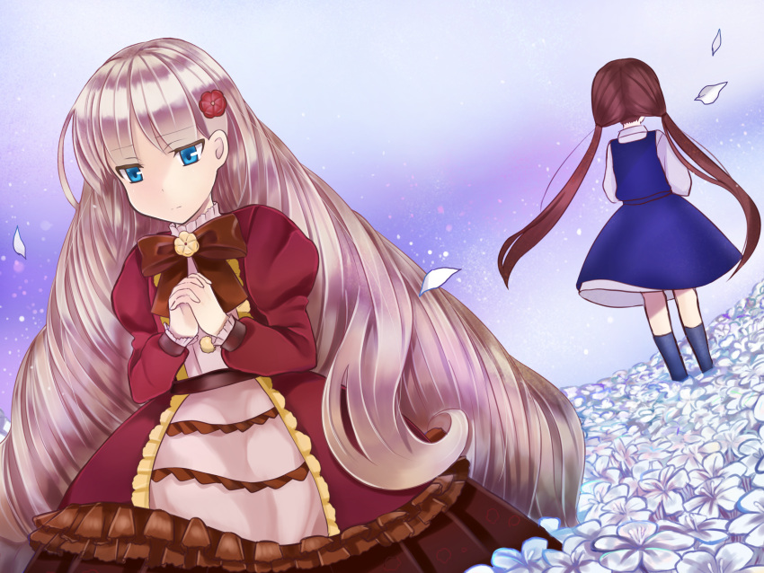 1girl 2girls absurdres blue_dress blue_eyes blue_socks bow bowtie brown_bow brown_bowtie brown_hair dress facing_away field flower flower_field hair_flower hair_ornament highres interlocked_fingers kokyu_no_familiar long_sleeves low_twintails multiple_girls own_hands_together petals puffy_long_sleeves puffy_sleeves red_dress socks standing tooda_riko twintails