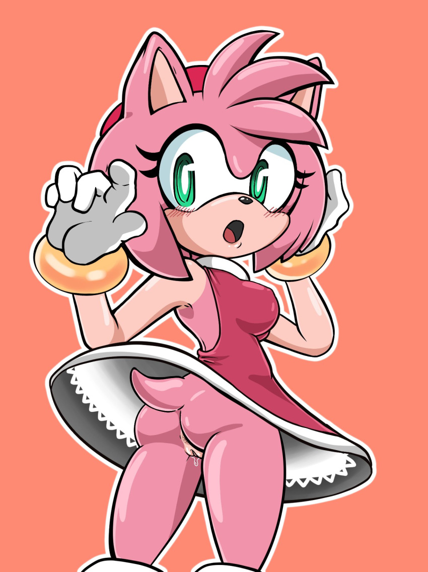 amy_rose anthro bodily_fluids bottomless butt clothed clothing eulipotyphlan female genital_fluids genitals hedgehog hi_res looking_back mammal nipple_outline nixtnya orange_background pussy pussy_juice sega simple_background solo sonic_the_hedgehog_(series) surprise upskirt