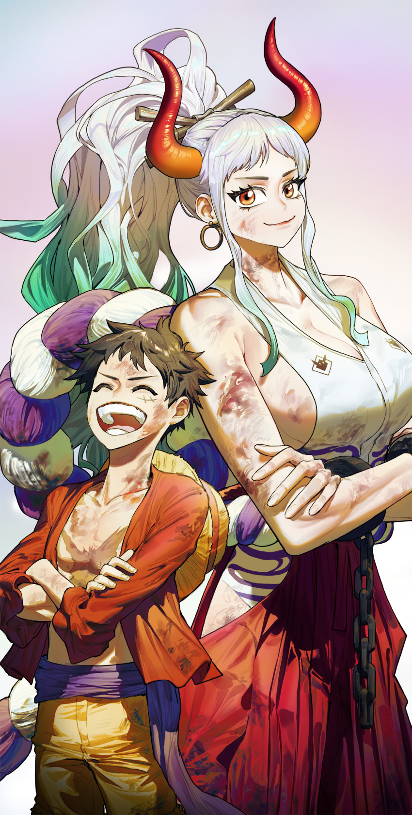 1boy 1girl absurdres bare_shoulders battle_damage black_hair breasts cleavage closed_mouth crossed_arms curled_horns earrings ghdwid gradient_hair green_hair hair_ornament hat hat_removed headwear_removed highres hoop_earrings horns jewelry long_hair monkey_d._luffy multicolored_hair one_piece open_clothes open_mouth open_shirt orange_eyes ponytail red_shirt scar scar_on_chest scar_on_face shirt sideboob sleeveless smile white_hair yamato_(one_piece)