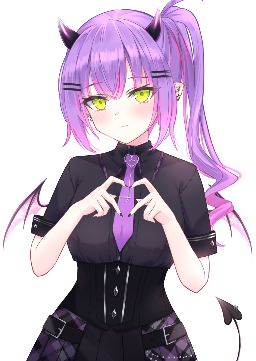 1girl absurdres bangs black_nails black_shirt blush closed_mouth collared_shirt demon_girl demon_horns demon_tail demon_wings ear_piercing green_eyes hair_ornament hairclip heart heart_hands heckler_kai highres hololive horns long_hair looking_at_viewer multicolored_hair nail_polish necktie piercing pink_hair pointy_ears purple_hair purple_necktie shirt short_sleeves side_ponytail simple_background solo tail tail_ornament tail_piercing tokoyami_towa two-tone_hair upper_body virtual_youtuber white_background wings
