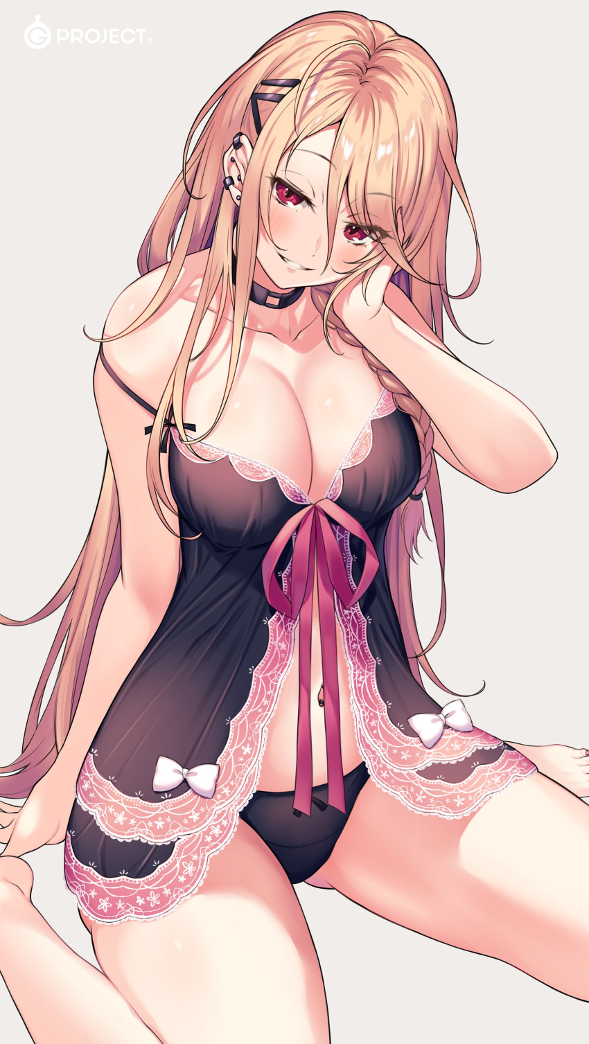 1girl absurdres babydoll bare_arms bare_legs barefoot black_babydoll black_panties blonde_hair braid breasts choker cleavage commentary_request ear_piercing earrings hair_ornament hairclip highres jewelry kurebayashi_noe large_breasts lingerie long_hair looking_at_viewer navel navel_piercing off_shoulder original panties piercing red_eyes simple_background sitting solo spaghetti_strap thighs underwear underwear_only wariza