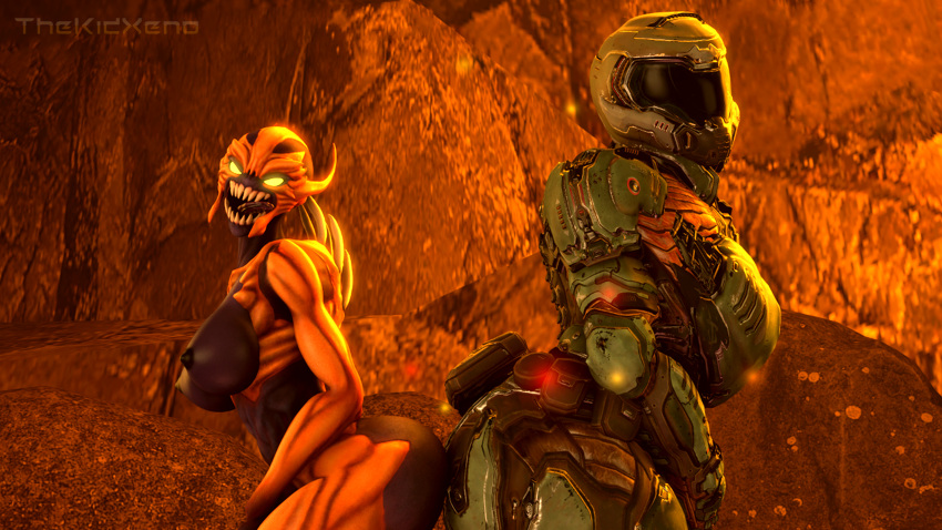 16:9 3d_(artwork) 4k absurd_res armor big_butt black_body breasts butt claws demon detailed_background digital_media_(artwork) doom_(series) doom_slayer duo faceless_character faceless_female fangs female female/female glowing glowing_eyes headgear helmet hi_res human humanoid id_software imp_(doom) interspecies mammal multicolored_body muscular muscular_female nipples nude open_mouth open_smile orange_body smile source_filmmaker standing teeth teratophilia thekidxeno thick_thighs tongue tongue_out two_tone_body video_games weapon widescreen yellow_eyes