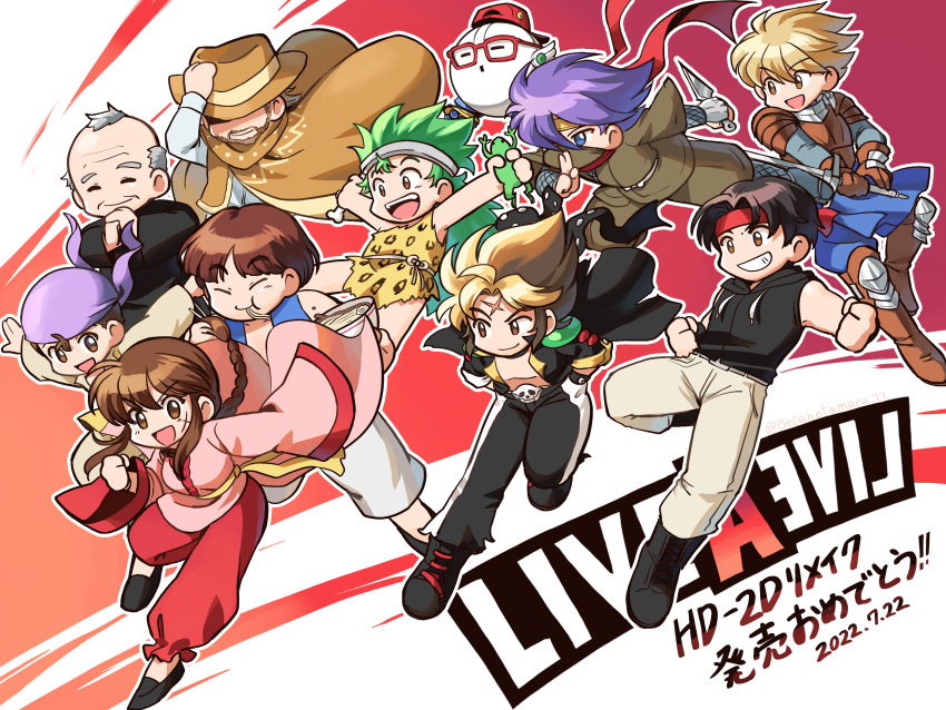 1girl 6+boys bandana betabetamaru black_hair bone braid braided_ponytail brown_hair chinese_clothes cowboy_hat cube_(live_a_live) everyone frog glasses green_hair grey_hair hat headband highres hong_hakka jacket lei_kuugo live_a_live master_shinzanken multiple_boys oboro-maru_(live_a_live) oersted old old_man pelt pogo_(live_a_live) poncho purple_hair robot scar scar_on_face scar_on_forehead sleeveless smile sundown_kid sword tadokoro_akira takahara_masaru weapon yun_jou