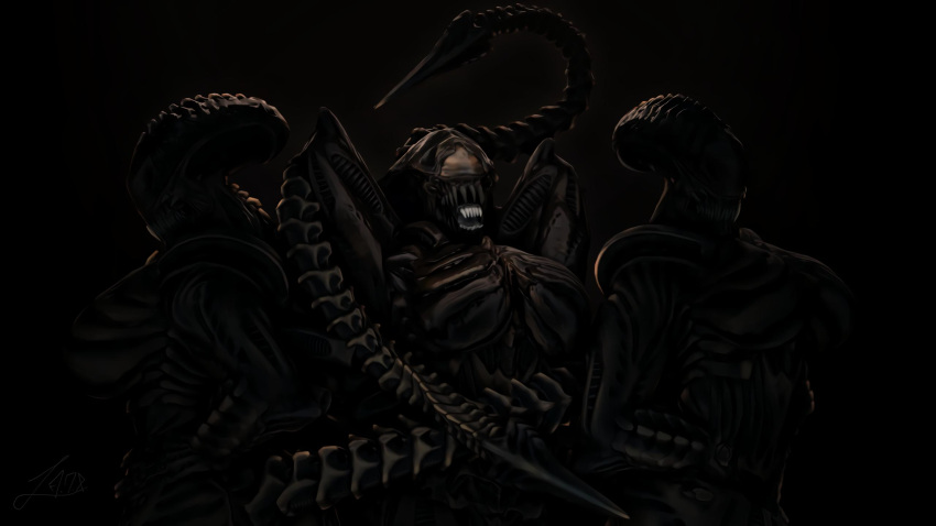 &lt;3 16:9 3d_(artwork) adriandustred alien alien_(franchise) big_breasts black_body breasts claws digital_media_(artwork) excella eyeless fan_character fangs featureless_breasts female group hi_res humanoid open_mouth teeth teratophilia thick_thighs trio widescreen xenomorph