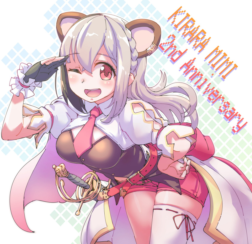 1girl ;d absurdres animal_ears belt black_hair braid breasts extra_ears gloves grey_hair hamster_ears hand_on_hip hand_up highres indie_virtual_youtuber kirara_mimi long_hair lowlandgorilla multicolored_hair necktie one_eye_closed open_mouth partially_fingerless_gloves red_eyes red_shorts sheath sheathed shorts shrug_(clothing) single_glove single_thighhigh smile solo streaked_hair sword thighhighs virtual_youtuber weapon