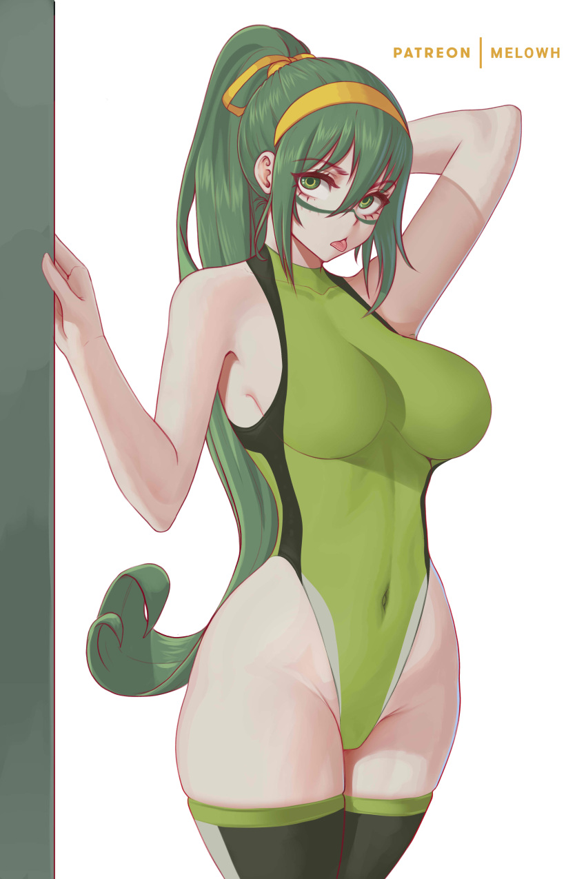 1girl absurdres arm_up asui_tsuyu bangs boku_no_hero_academia breasts green_eyes green_hair green_theme green_thighhighs hairband highleg highleg_swimsuit highres large_breasts looking_at_viewer melowh navel ponytail skin_tight skindentation solo swimsuit thick_thighs thighhighs thighs tongue tongue_out white_background