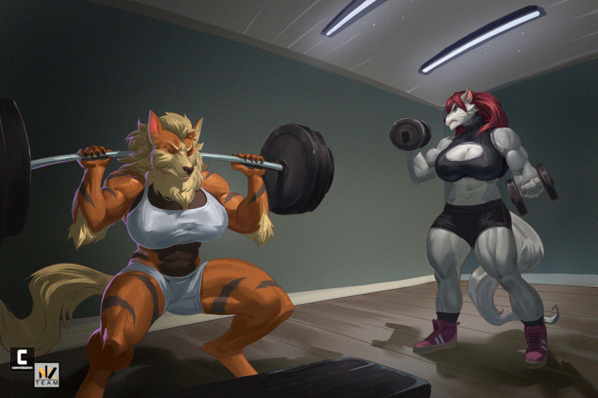 2022 5_fingers abs anthro arcanine barbell big_breasts black_body black_fur black_nose black_stripes bottomwear bra breasts cammy_(gasaraki2007) canid canine canis claws cleavage cleavage_cutout clothed clothing crouching digitigrade dumbbell duo elbow_tuft exercise female finger_claws fingers footwear fur gasaraki2007_(copyright) grey_body grey_fur gym hair humanoid_hands inside luka_cross mammal mane multicolored_body multicolored_fur muscular muscular_anthro muscular_female nexus nintendo nipple_outline orange_body orange_fur pok&eacute;mon pok&eacute;mon_(species) red_hair shoes shorts signature sneakers socks sports_bra standing striped_body striped_fur stripes tan_mane two_tone_body two_tone_fur underwear video_games weightlifting weights wolf workout