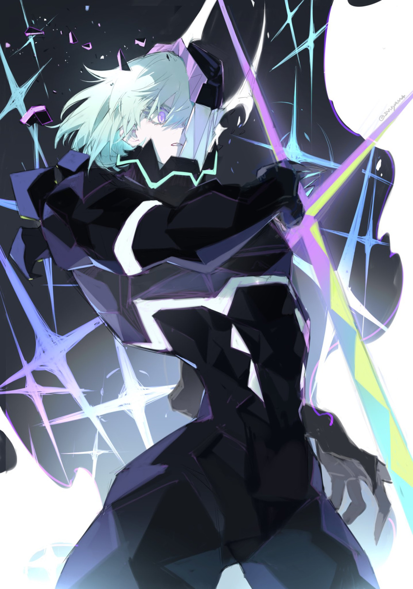 1boy aqua_hair armor black_armor broken_mask diffraction_spikes eyelashes highres holding holding_weapon inuyama_(inuhill) lio_fotia long_eyelashes male_focus mask parted_lips promare purple_eyes solo teeth twitter_username weapon