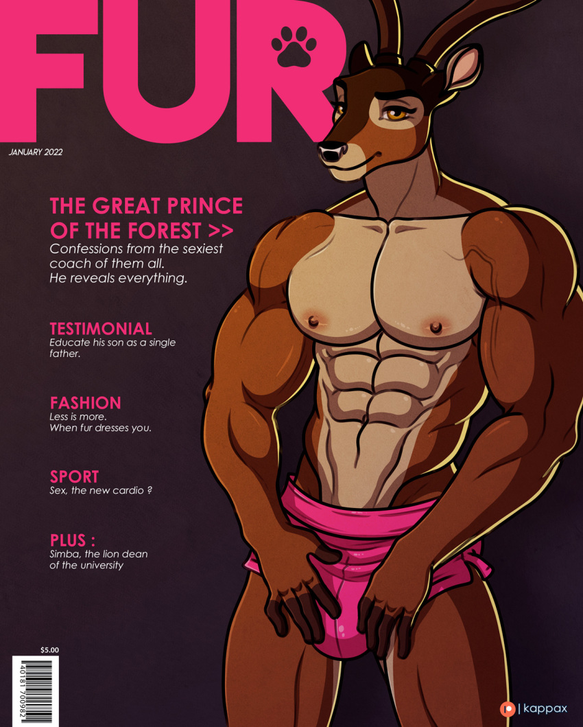 abs anthro bambi_(film) biceps bulge cervid clothed clothing cover disney hi_res kappax magazine_cover male mammal muscular muscular_male pecs solo the_great_prince_of_the_forest topless veiny_muscles