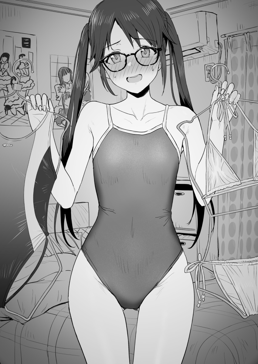 1girl :d ass_visible_through_thighs bangs bare_arms bare_shoulders bed bikini blush collarbone commentary_request competition_school_swimsuit competition_swimsuit covered_navel cowboy_shot flat_chest glasses greyscale highres holding idolmaster idolmaster_shiny_colors indoors long_hair looking_at_viewer mitsumine_yuika monochrome nose_blush one-piece_swimsuit poster_(object) school_swimsuit smile solo sweat swimsuit thigh_gap tsurui twintails