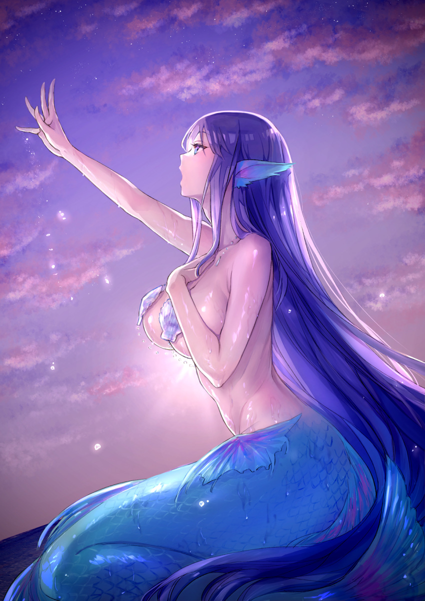 1girl blue_eyes blue_hair breasts cloud cloudy_sky commentary_request commission fins from_side head_fins highres large_breasts long_hair mermaid monster_girl open_mouth original outstretched_arm scales shell shell_bikini sitting skeb_commission sky solo star_(sky) starry_sky sunset t_misaomaru very_long_hair wet