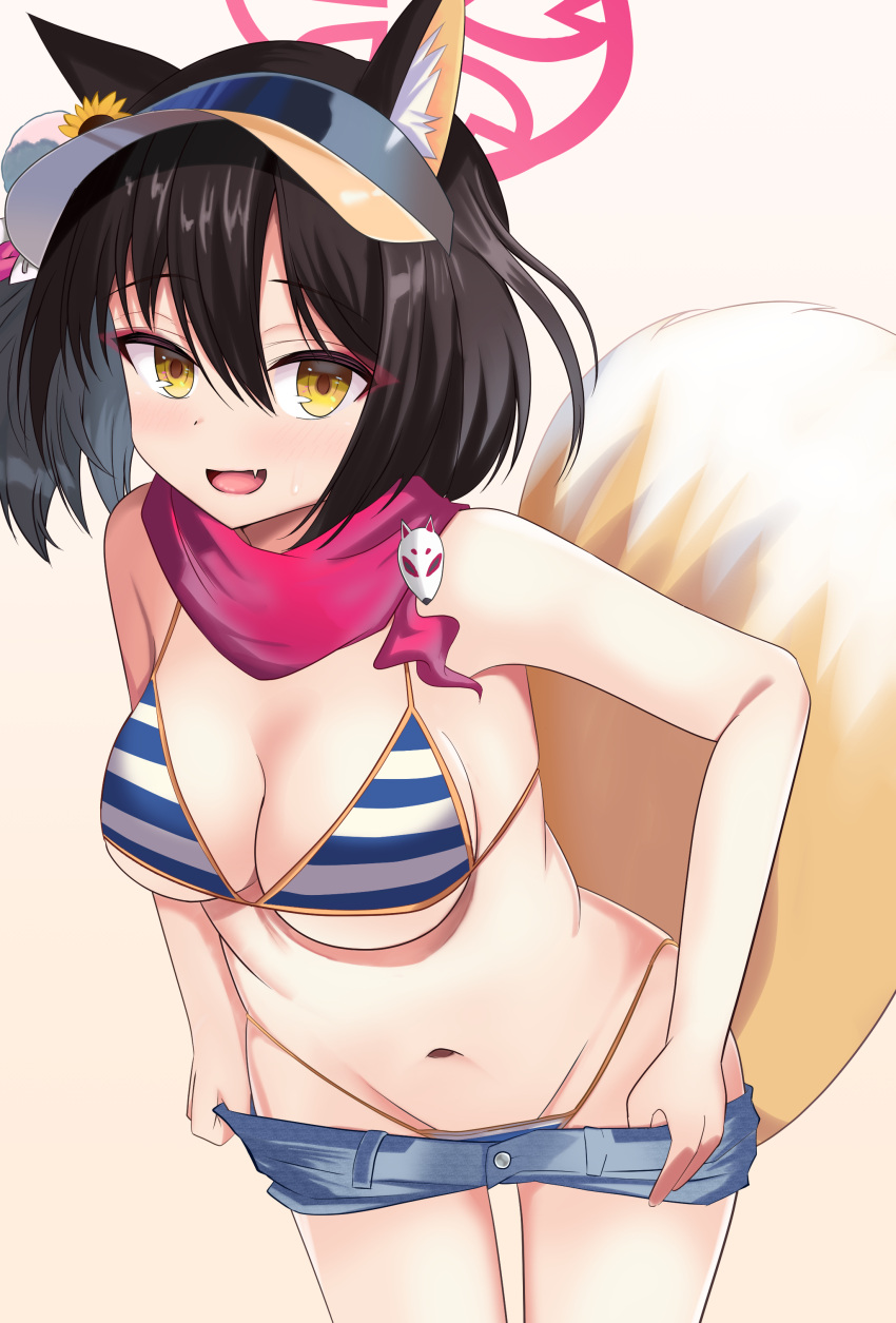 1girl absurdres animal_ears aventador bikini blue_archive breasts cleavage collarbone commentary_request fang fox_ears fox_tail hair_between_eyes halo highres izuna_(blue_archive) izuna_(swimsuit)_(blue_archive) looking_at_viewer medium_breasts navel shorts simple_background solo swimsuit tail visor_cap white_background