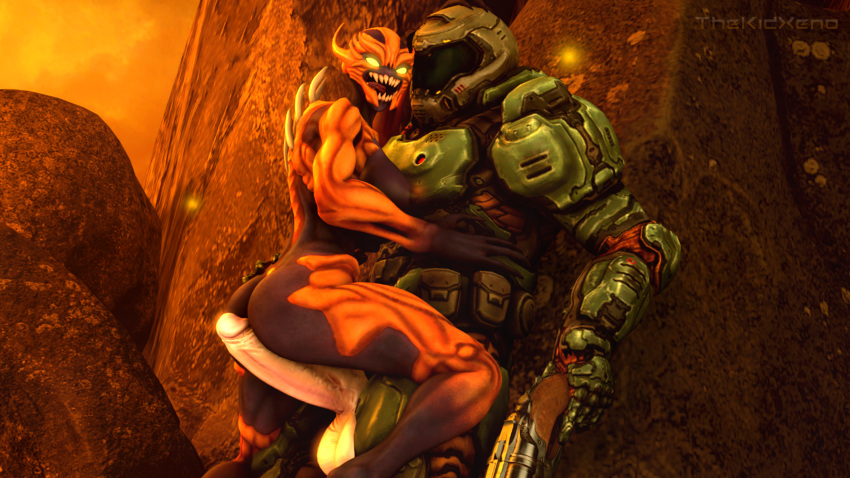 16:9 3d_(artwork) 4k absurd_res armor balls big_butt black_body breasts butt claws demon detailed_background digital_media_(artwork) doom_(series) doom_slayer duo erection faceless_character faceless_male fangs female genitals glowing glowing_eyes gun headgear helmet hi_res holding_object holding_weapon hot_dogging human humanoid id_software imp_(doom) interspecies light-skinned_male male male/female mammal multicolored_body muscular muscular_male nipples nude open_mouth open_smile orange_body penis ranged_weapon shotgun smile source_filmmaker standing teeth teratophilia thekidxeno thick_thighs tongue tongue_out two_tone_body vein veiny_penis video_games weapon widescreen yellow_eyes