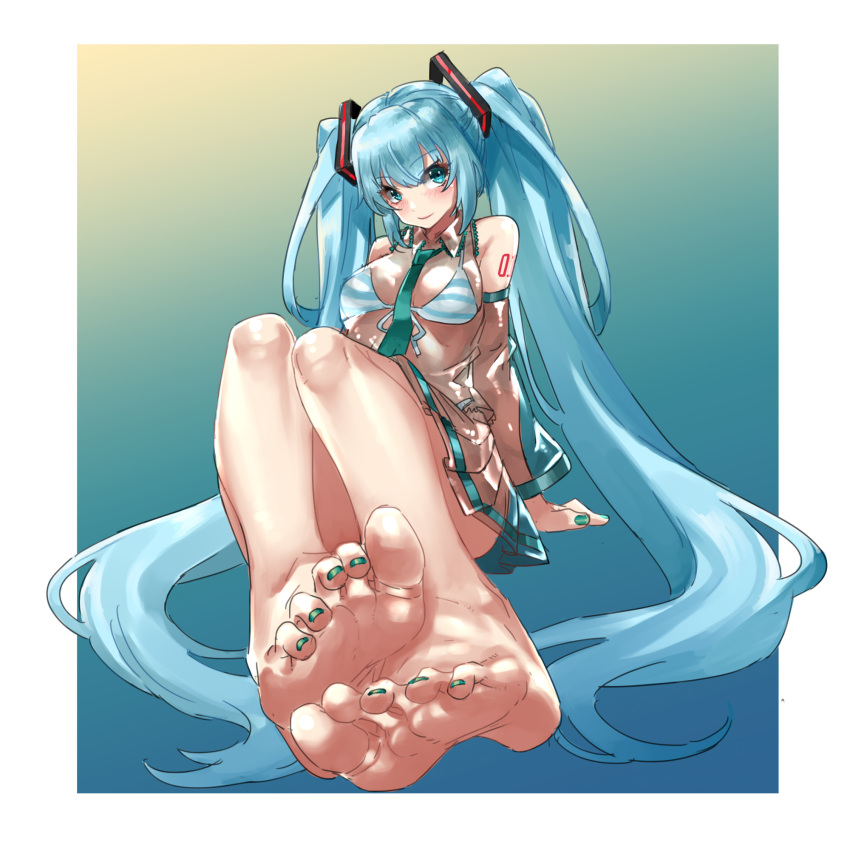 1girl anklet aqua_eyes aqua_hair bare_shoulders barefoot bikini blue_nails border breasts commentary_request detached_sleeves eiji_(eiji) feet foot_focus foreshortening green_necktie hair_ornament hatsune_miku highres jewelry leated_skirt legs_together long_hair looking_at_viewer medium_breasts nail_polish navel necktie see-through see-through_sleeves sitting skirt smile solo stomach string_bikini striped striped_bikini swimsuit toenail_polish toenails twintails very_long_hair vocaloid white_border
