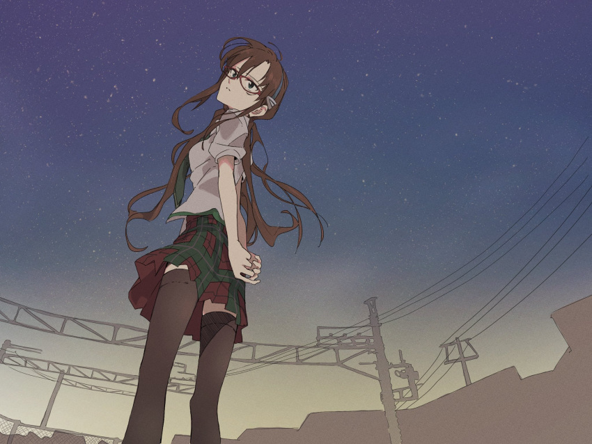 1girl 946083d1 arms_behind_back blue_hairband brown_hair brown_thighhighs chain-link_fence fence film_grain green_eyes green_necktie green_skirt hair_between_eyes hairband hatching_(texture) highres long_hair makinami_mari_illustrious multicolored_clothes multicolored_skirt necktie neon_genesis_evangelion outdoors parted_lips plaid plaid_skirt red-framed_eyewear red_skirt silhouette skirt sky solo star_(sky) starry_sky thighhighs twintails utility_pole