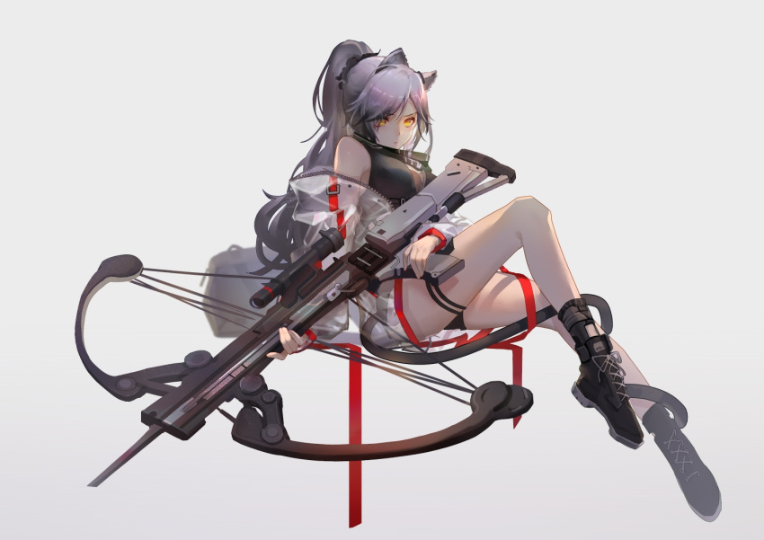 1girl animal_ears arknights bare_shoulders black_footwear breasts cat_ears cat_girl cat_tail closed_mouth crop_top crossbow full_body grey_hair gun high_ponytail holding holding_gun holding_weapon huan_zi_bu_cheng invisible_chair jacket knee_up large_breasts long_hair long_sleeves looking_at_viewer open_clothes open_jacket rifle schwarz_(arknights) see-through see-through_jacket shoes simple_background sitting sniper_rifle solo tail thigh_strap v-shaped_eyebrows weapon white_background white_jacket yellow_eyes