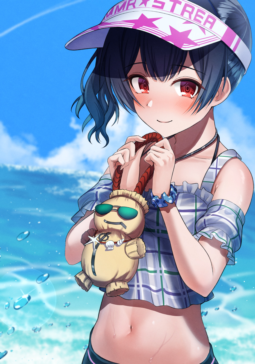 1girl absurdres bangs blue_sky blush checkered_clothes checkered_shirt cloud collarbone commentary_request day frilled_sleeves frills hands_up highres idolmaster idolmaster_shiny_colors looking_at_viewer midriff morino_rinze navel ocean osoba_susurukun outdoors over_shoulder purple_shirt red_eyes scrunchie shell shirt short_sleeves side_ponytail sidelocks sky smile solo stuffed_toy sunglasses visor_cap water_drop wavy_hair white_headwear wrist_scrunchie zipper zipper_pull_tab